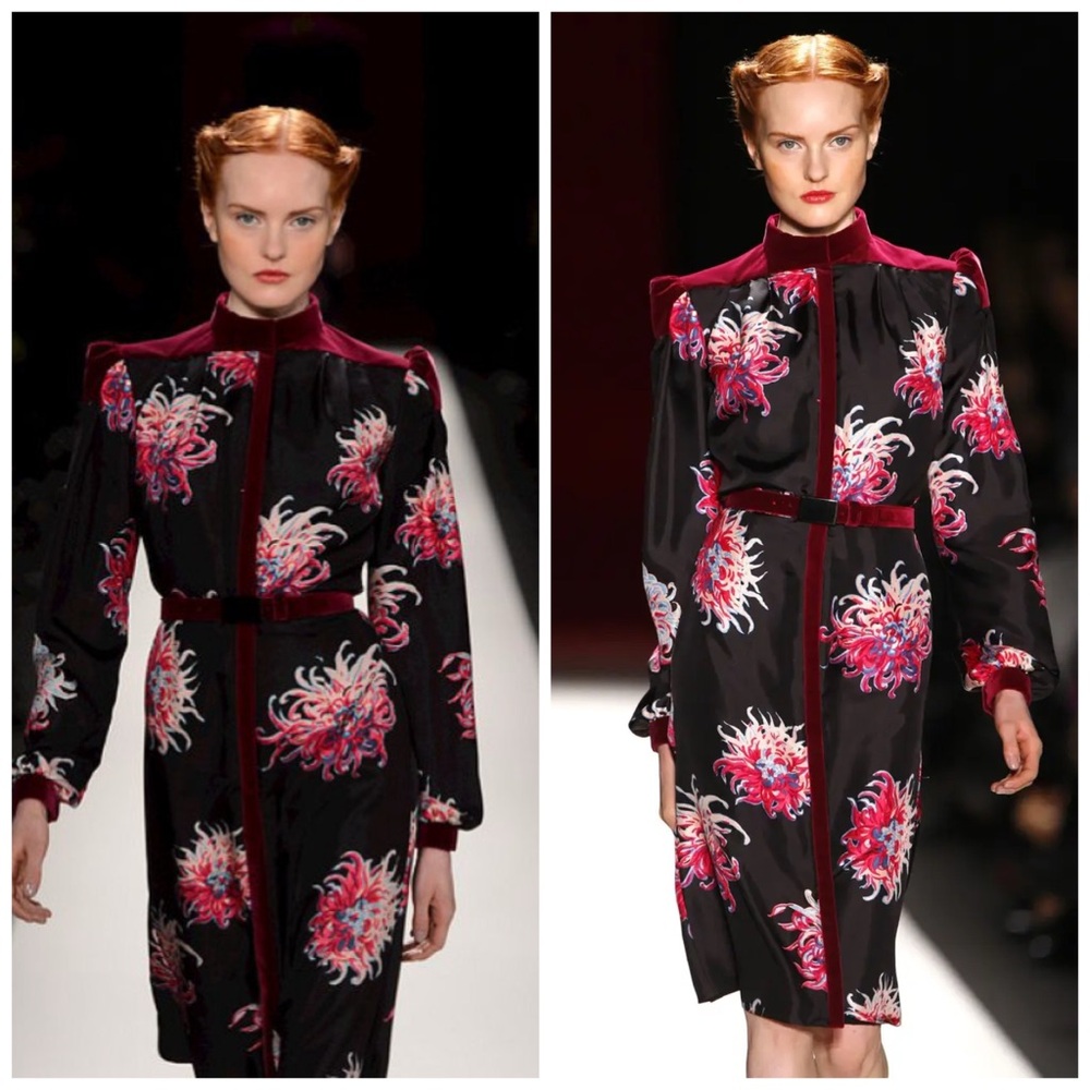 Carolina Herrera Silk Velvet Button Front Belted Pink Black Dress Floral Sz‎ 6